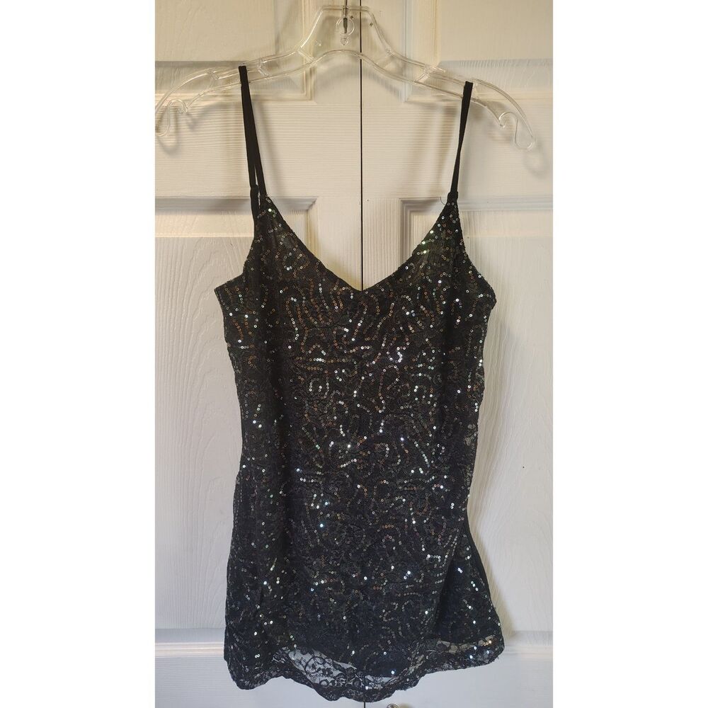 Vanity Essential Black Sequin Lace Trim Cami Tank Top - Women's Size XL